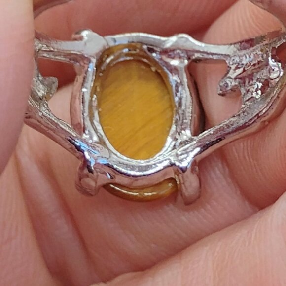 Oval Tiger Eye Ring Silver Leaf Setting Size 6.5 - Picture 8 of 9
